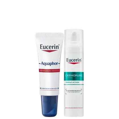Dois produtos Eucerin: um tubo de creme Aquaphor para reparação de lábios secos e ressecados, e um frasco de spray Dermopure para ação tripla no cuidado da pele.