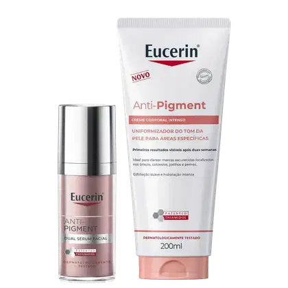Dois produtos Eucerin Anti-Pigment: um sérum facial em embalagem rosa e uma creme corporal intenso em embalagem branca, ambos com rótulos destacando a tecnologia Thiamidol patenteada.