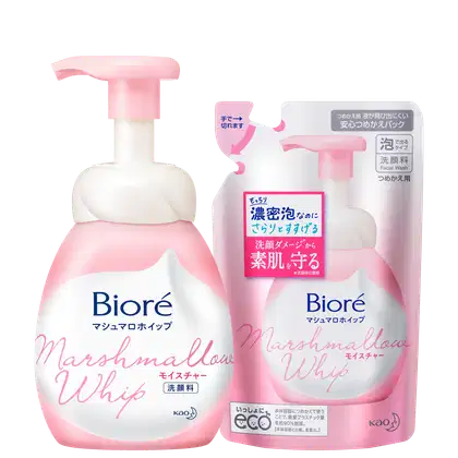 Dois frascos de produtos de beleza da marca Bioré, com embalagens de cor rosa e branca. O produto principal é um sabonete líquido facial com textura de marshmallow, e o outro é um refil para o mesmo.