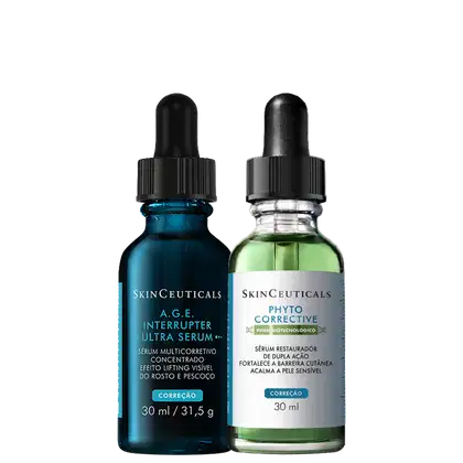 Dois frascos com contagotas SkinCeuticals: A.G.E. Interrupter Ultra Serum (azul, 30ml) e Phyto Corrective (verde, 30ml). Embalagens com rótulos brancos e tampas pretas rosqueáveis.