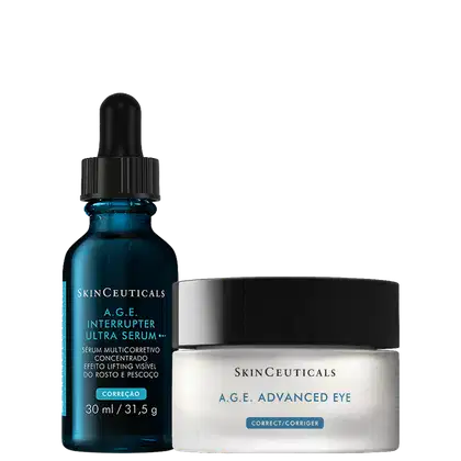 Conjunto SkinCeuticals A.G.E. com serum ultra concentrado em frasco azul com conta-gotas (30ml) e creme para olhos em pote branco com tampa preta, ambos com rótulos em azul e branco.
