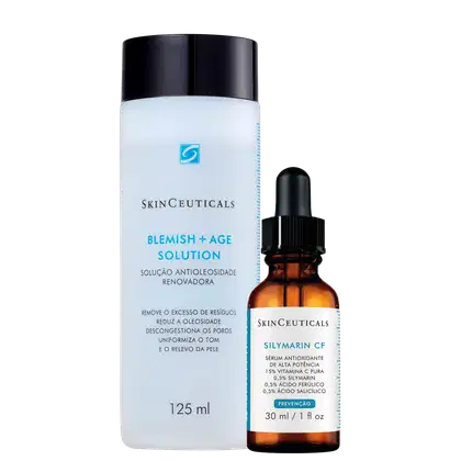 Dois produtos SkinCeuticals: frasco branco de 125ml com Blemish + Age Solution e frasco âmbar de 30ml com Silymarin CF. Embalagens com rótulos azuis e brancos, tampas pretas, apresentando séruns e soluções para tratamento facial.