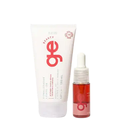 Conjunto GE Beauty com tubo branco de 150ml e frasco com conta-gotas vermelho de 0,50ml. Embalagens com logo circular vermelho, textos em português e design minimalista em tons brancos e vermelhos.
