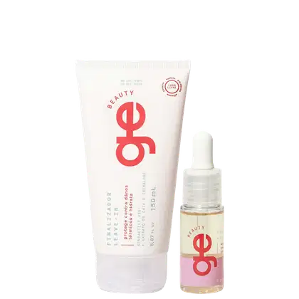 Conjunto GE Beauty com tubo branco de 150ml para tratamento capilar e frasco com conta-gotas. Embalagens com logo vermelho, textos em português sobre propriedades anti-envelhecimento e extrato de chá verde.