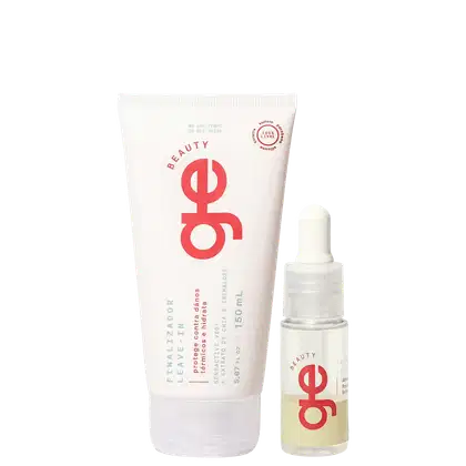 Conjunto GE Beauty com tubo branco e frasco com conta-gotas transparente. Embalagens com logo vermelho, texto em português.