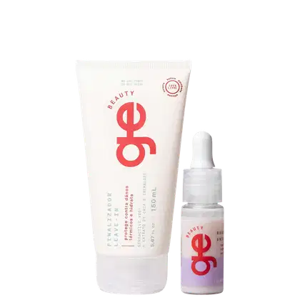Conjunto GE Beauty com tubo branco de 150ml para cuidados capilares e frasco com conta-gotas em tons rosa e roxo.