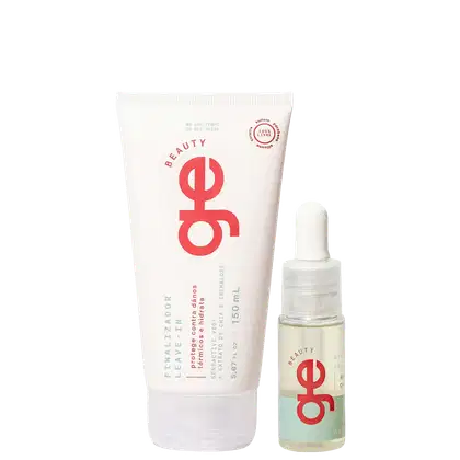 Conjunto GE Beauty com dois produtos: tubo branco de 150ml com logo vermelho e texto "Finalizador Leave-in" e frasco com conta-gotas de 15ml com logo vermelho. Embalagens em tons brancos, vermelhos e verde-água.