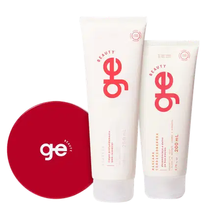 Kit GE Beauty Tratamento Intensivo Trio, 3 produtos. Embalagens brancas, com detalhes em vermelho.