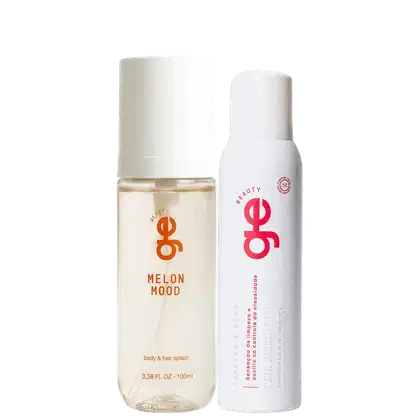 Dois produtos GE Beauty: frasco transparente com tampa branca contendo splash corporal e capilar "Melon Mood" (100ml) e aerossol branco com logo rosa para controle de oleosidade. Embalagens com logotipo "ge" em destaque.
