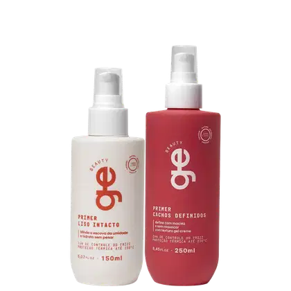 Dois frascos spray GE Beauty: primer branco 150ml para cabelos lisos e primer vermelho 250ml para cachos definidos.