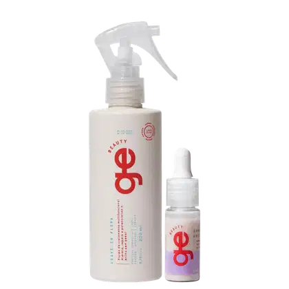 Spray leave-in GE Beauty de 200 ml em frasco branco com gatilho transparente, ao lado de um frasco-conta-gotas de com tampa branca e rótulo lilás. Logo vermelho.