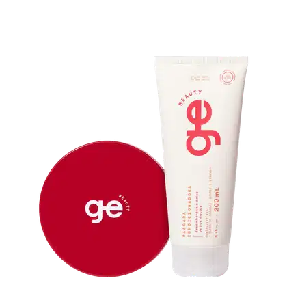 Máscara condicionadora GE Beauty de 200 mL em bisnaga branca com logo vermelho, ao lado de um pote redondo vermelho com tampa e logo branco.