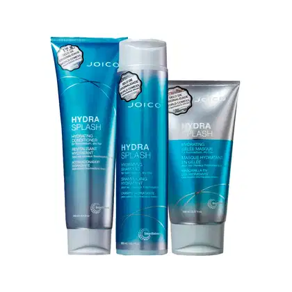 Conjunto de produtos Joico Hydra Splash, incluindo um condicionador hidratante, um shampoo hidratante e uma máscara em gel hidratante, em embalagens de plástico com cores predominantes azul e prata.