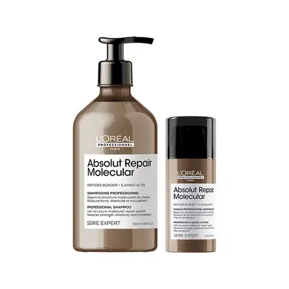 Dois produtos da linha Absolut Repair Molecular da L'Oréal Professionnel. Consiste em um shampoo profissional em frasco de 500 ml e uma máscara leave-in em embalagem de 200 ml, ambos com design em tons neutros