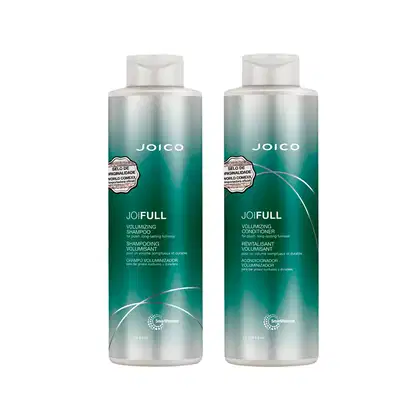 Dois frascos de shampoo e condicionador Joico Joifull, com embalagens em tons de verde, apresentando rótulos com o nome da marca e a indicação de volumização.