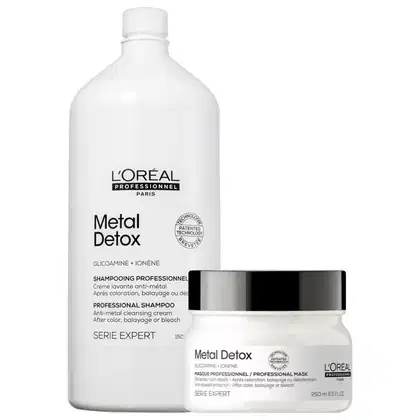 Produtos L'Oréal Professionnel Metal Detox: frasco branco com rótulo preto e cinza, contendo shampoo e máscara profissional para tratamento anti-metal após coloração, descoloração ou balayage.