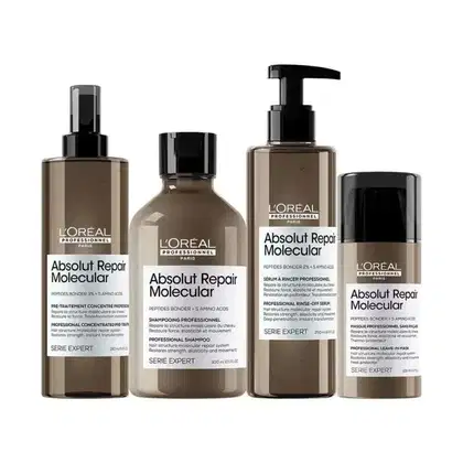 Produtos da linha Absolut Repair Molecular da L'Oréal Professionnel, incluindo pré-tratamento, shampoo, sérum e máscara em embalagens de plástico preto e bege.
