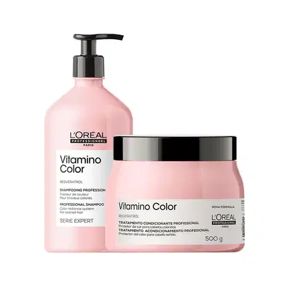 O conjunto de produtos L'Oréal Professionnel inclui um frasco de shampoo de 750ml e um pote de máscara de 500g da linha Vitamino Color