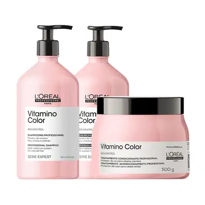 Conjunto de produtos L'Oréal Professionnel da linha Vitamino Color, incluindo shampoo, máscara e tratamento condicionante.