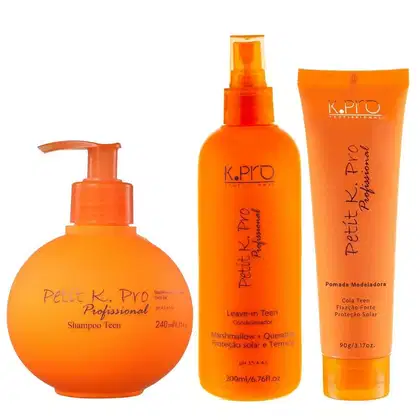Kit K.Pro Petit - Shampoo 240ml + Leave-In Teen 220ml + Pomada Modeladora 90g com embalagens em tom laranja