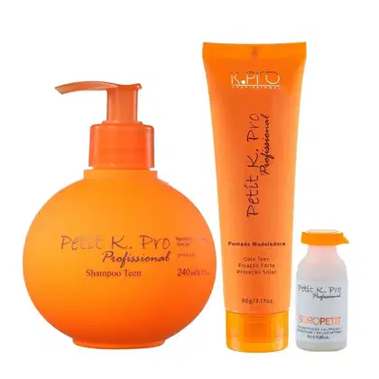 Kit K.Pro Petit com Shampoo 240ml + Pomada Modeladora 90g + Soro Ampola 10ml, em embalagens na cor laranja