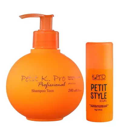 Kit K.Pro Petit com Shampoo 240ml + cera em bastão Style 30g, com embalagens em tom laranja