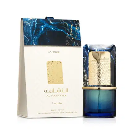 Perfume da marca Lattafa Perfumes, com embalagem em caixa azul e dourada e frasco de vidro azul, contendo 100ml de Eau de Parfum com o nome "Al Nashama" impresso.