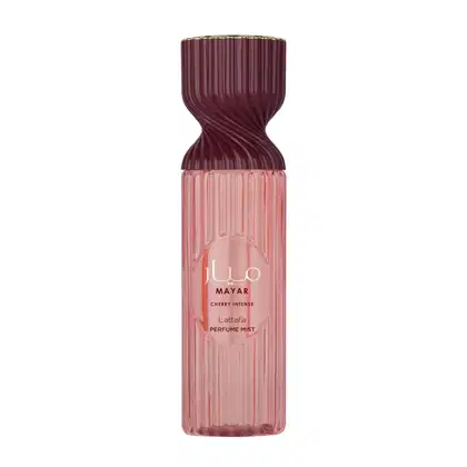 Frasco de body splash Lattafa Mayar Cherry Intense, em formato ondulado com tonalidades de rosa e vinho, com rótulo destacando o nome da fragrância.