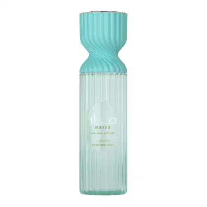 Frasco de body splash Lattafa Mayar Natural Intense, com design ondulado em tons de azul-turquesa, rótulo destacando o nome da fragrância e a descrição "Lattafa Perfume Mist".