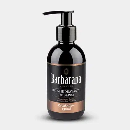 Balm Hidratante de Barba da marca Barbarana. A embalagem é um frasco preto com um rótulo branco e dourado, contendo 150ml do produto. O frasco possui um dispensador com bomba para facilitar a aplicação do produto.