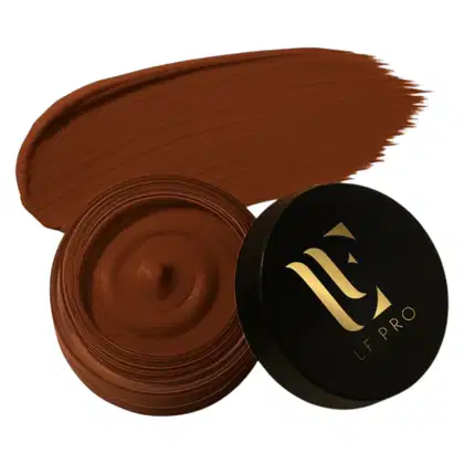 Produto de maquiagem da marca LF Pro, em embalagem preta com logotipo dourado, contendo uma substância de cor marrom em seu interior.