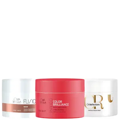 Três produtos da marca Wella Professionals: uma máscara de reparação intensa em frasco branco, um tratamento de brilho de cor em embalagem vermelha e uma máscara de reconstrução luminosa em frasco branco.