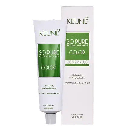 Embalagem de produto de coloração capilar da marca Keune, com tubo de creme colorante e caixa branca com detalhes verdes. Destaca-se a indicação "So Pure Natural Balance Color" e "Cover Plus"