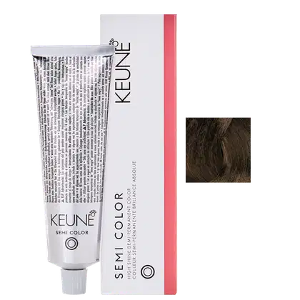 Caixa branca e tubo de tinta de cabelo da marca Keune Semi Color, com texto em preto