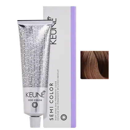 Caixa branca e tubo de tinta de cabelo da marca Keune Semi Color, com texto em preto