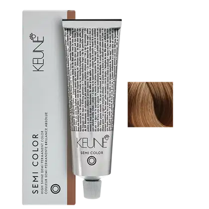 Caixa branca e tubo de tinta de cabelo da marca Keune Semi Color, com rótulo preto e texto em inglês.