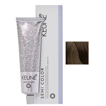 Caixa branca e tubo de tinta de cabelo da marca Keune Semi Color, com rótulo preto e texto em inglês.