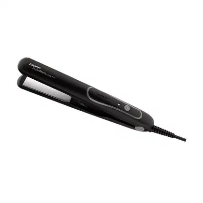 Prancha de cabelo Taiff. Trata-se de um aparelho de alisamento e modelagem de cabelos, com design em preto fosco e detalhes em cinza. O produto possui controles e botões na parte superior, além de um cabo de alimentação elétrica.