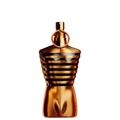 Frasco de perfume dourado e preto com listras diagonais, tampa arredondada, embalagem elegante e sofisticada da marca Jean Paul Gaultier.