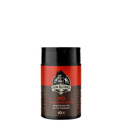 Frasco preto com rótulo vermelho e preto da marca Don Alcides, contendo um produto texturizador de efeito matte e alta fixação, com volume de 10g.
