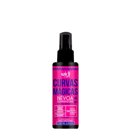 Frasco preto com rótulo rosa e azul da linha "Curvas Mágicas" da marca Widi Care. O produto é uma névoa iluminadora de brilho intenso, sem sulfatos e parabenos.