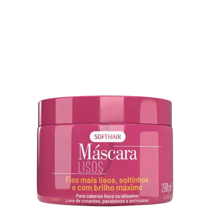 Pote rosa com rótulo da marca Softhair, contendo a descrição "Máscara Lisos" em destaque. O produto é apresentado como um tratamento para cabelos lisos ou alisados, com brilho máximo.
