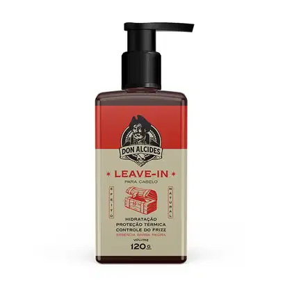 Frasco de leave-in da marca Don Alcides, com embalagem vermelha e bege, contendo 120g do produto. O rótulo apresenta o nome do produto, "Leave-in para cabelo", e destaca benefícios como hidratação, proteção térmica e controle do frizz.