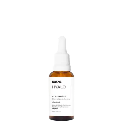 Frasco de óleo de coco Hyalo da marca Kalya, com 20ml de conteúdo. Embalagem branca com rótulo em preto e laranja.