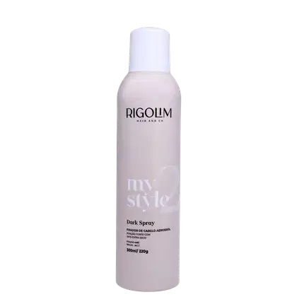 Spray fixador de cabelo da marca Rigolim Hair & Co., chamado "Dark Spray". O frasco possui um bico pulverizador na parte superior. O produto é descrito como um fixador de cabelo aerossol, com acabamento extra seco.