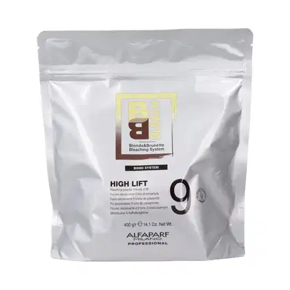 A imagem mostra um pacote plástico metalizado identificado como "High Lift 9" e contém 400g. O design do pacote apresenta o logotipo da Alfaparf e as informações do produto em inglês.