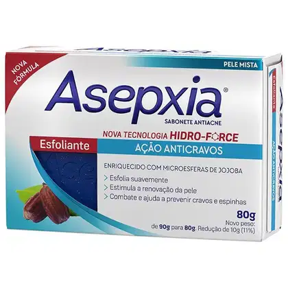 Caixa de sabonete antiacne Asepxia, com nova tecnologia Hidro-Force, com ação anticravos e enriquecido com microesferas de jojoba. Embalagem retangular em tons de azul e vermelho, com informações sobre os benefícios do produto.