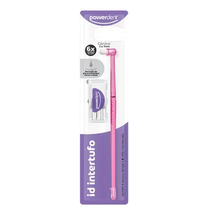 Produto Powerdent Cónica, com escova dental rosa e embalagem roxa e branca. Apresenta texto informando sobre a remoção de placa bacteriana e 6x mais duração da escova.