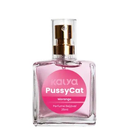 Frasco de perfume Kalya Pussycat, com embalagem de vidro transparente e rótulo rosa com texto em branco. O produto é um perfume Morango com volume de 25ml.