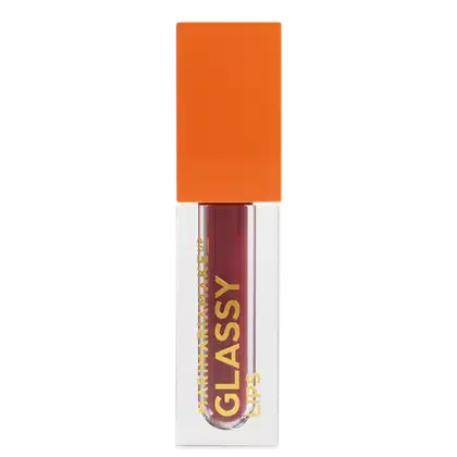 Gloss labial em embalagem plástica retangular na cor laranja vibrante. A embalagem possui uma base branca onde está impresso o texto "MARI MAKE UP GLASSY LIPS" em letras maiúsculas e fonte simples. O produto pertence à linha de maquiagem Mari Maria.